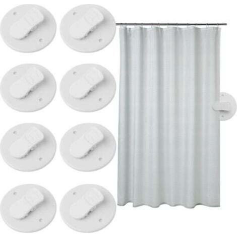 Set of 8 white self-adhesive shower curtain clips to prevent water splashes and keep the curtain padding close to the wall. Shower curtain fixings for home use. (1/4)
