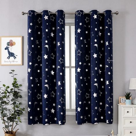 Rideaux Occultants pour Enfants avec Lune et Étoiles pour Chambre - Voilage Galaxie avec Œillets pour Chambre de Bébé - Stores Assombrissants 213cm Longueur, Lot de 2 Panneaux (Noir 132x213cm) (1/5)