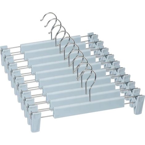 Lot de 10 cintres pour jupes, pantalons avec 2 pinces réglables antidérapantes pour suspendre pantalons, chaussettes et jupes - Bleu très clair (1/5)