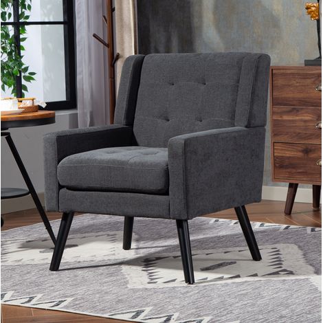 Fauteuil design 68x76x88 cm gris foncé, capitonnage et coussin épais, pieds en bois, MEUBLIV (1/5)