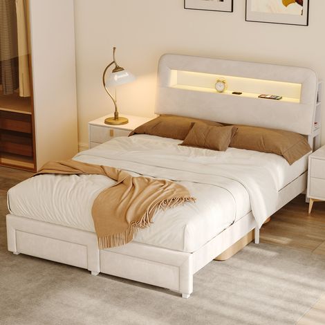 Letto 160x200 cm con testiera imbottita, 2 cassetti, illuminazione LED regolabile, porta USB, struttura in velluto e base a doghe, letto multifunzionale per adulti - Beige