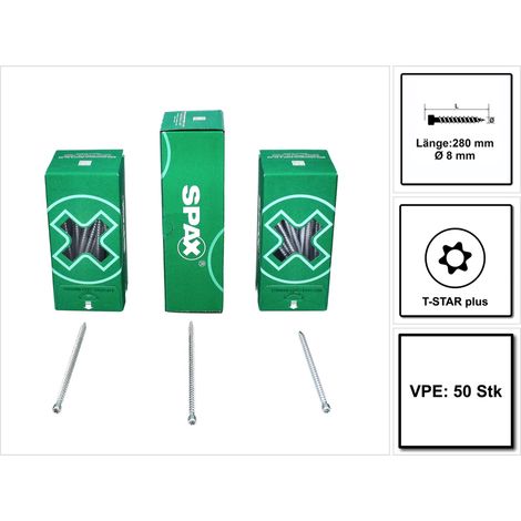 Spax Holzbauschraube 8 x 280 mm Zylinderkopf T-STAR plus Vollgewinde CUT-Spitze WIROX P3J 50 Stk