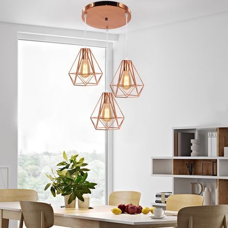 Lampada a Sospensione in Metallo, 3 Luci Lampada da Soffitto con Gabbia, Ø20cm Diamante Lampadario per Camera da Letto Soggiorno Corridoio (Oro Rosa) (1/5)