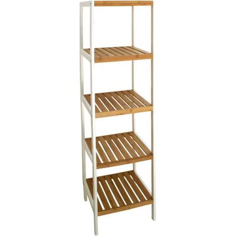Regal Bamboo Regal 34 x 33 x 140 cm, weißes Metallgestell, natürliche Bambusregale, modernes Design