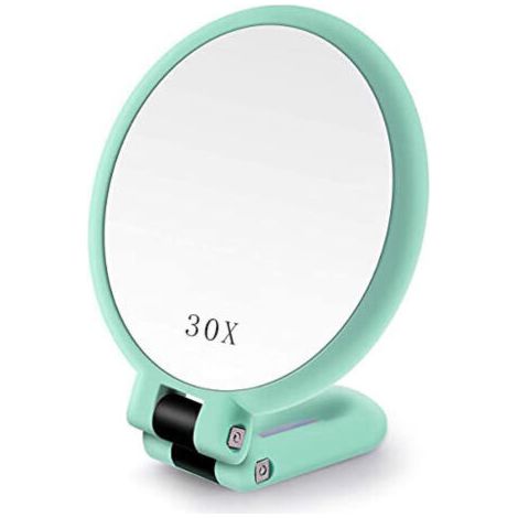 Miroir Grossissant x30 Double Face Miroir Pliable avec Poignée, Miroir de Maquillage à Main de Coiffeurs Miroir Pliant pour Divers Détails(Vert) (1/5)