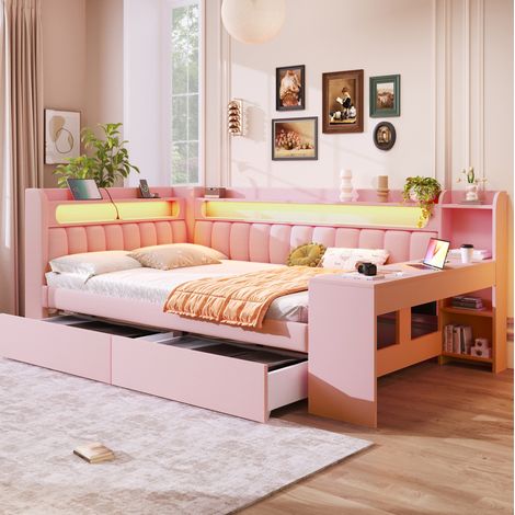 Letto daybed imbottito 140x200 cm rosa con testiera, LED, USB, scrivania integrata e 2 cassetti