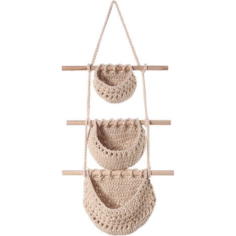 Panier à fruits suspendu – 3 niveaux – Tissé organique – Style cottagecore – Cuisine et salon (1/5)