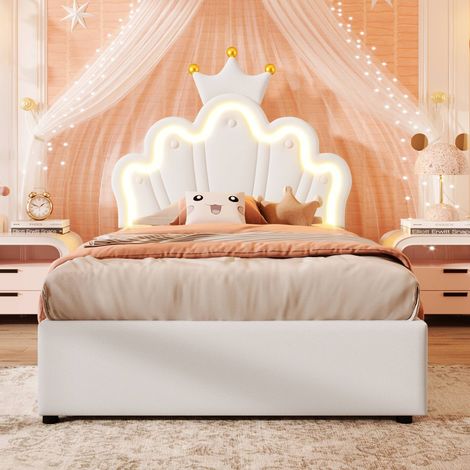 Lit coffre enfant 90x200 cm capitonné PU blanc, lit princesse couronne avec LED, rangement hydraulique, tête de lit réglable, sans matelas (1/5)