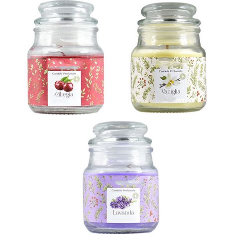 Set 3 Candela profumata fragranze alla ciliegia lavanda vaniglia con barattolo in vetro 85 gr di cera estratti naturali (1/4)