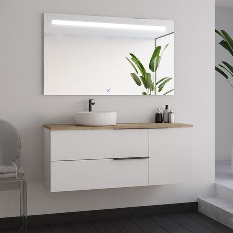 Meuble de salle de bain 120cm avec vasque à poser ronde - blanc - KING et miroir Led STAM (1/5)