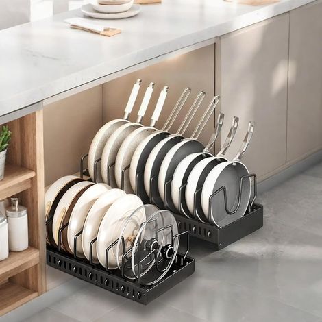 Lot de 2 Organisateur Extensible de Casseroles et Poêles sous Le Placard Support de casseroles pour tiroir avec 8 séparateurs réglables, Support de pour le rangement et l'organisation de la cuisine (1/5)