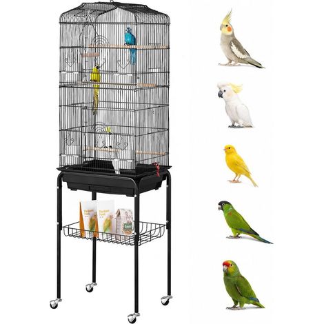 Cage à Oiseaux avec Support Roulant VEVOR Volière Métal 45,7 x 35,5 x 151 cm Plateau Détachable Noir (1/5)
