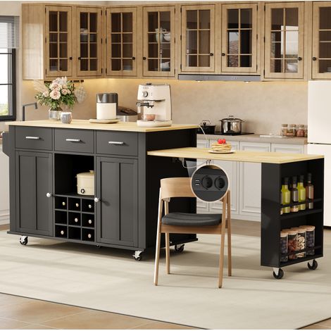 Mobile cucina con piano estraibile, 3 cassetti e ruote, nero e rovere HAVRYA (1/5)