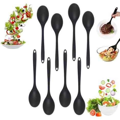 6 cucharas de silicona para cocinar, Cuchara de mango largo, Cuchara anti, Cuchara negra antiadherente para remover, Mango de 27 cm de largo (1/5)