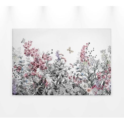 Tableau fleurs moderne gris & rose | Tableau sur toile idéal bureau & chambre | Tableau deco salon fleuri & papillons 0,9 x 0,6 m (1/5)
