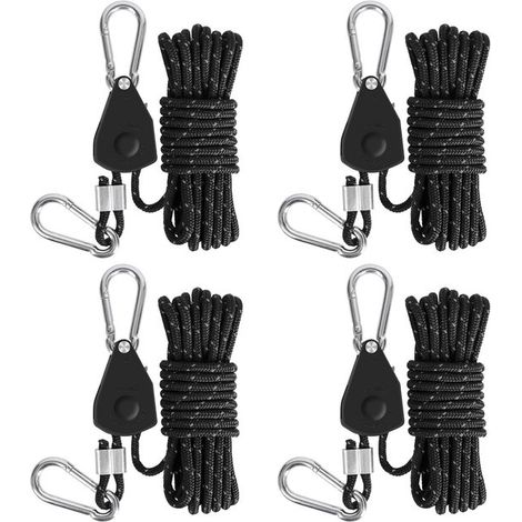 Lot de 4 tendeurs de corde réglables avec cliquet, haubans avec corde réfléchissante et poulie, paracorde en polyester avec mousqueton pour tente et camping, noir (1/5)