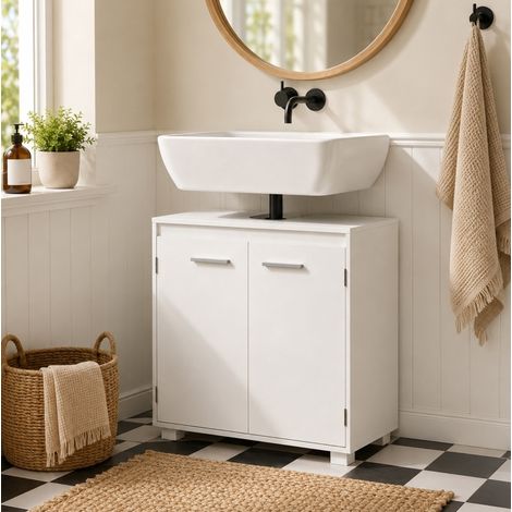 Meuble sous-lavabo blanc 60 cm avec ouverture en U, étagère réglable, OKWISH (1/5)