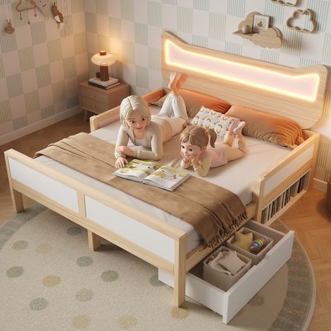 Cama de madera 140x200 cm blanco y roble con cabecero de gato, LED RGB, somier de láminas y almacenaje (1/5)