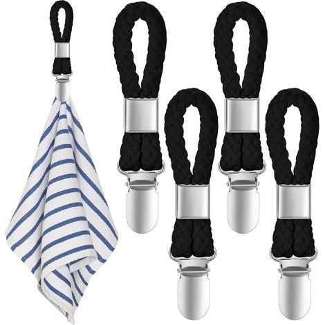 4 Stück Handtuch Clips mit Schlaufen Haken Schwarz (1/5)