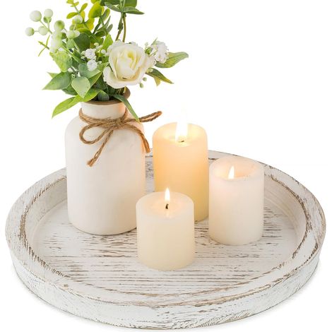Chandelier Bougeoir Bois Plateau: Rond Decoratif Bougie Chandelier Deco pour Centre de Table - Vintage Petit Blanc Bougeoirs Decoration Christmas pour Maison Noel (1/5)
