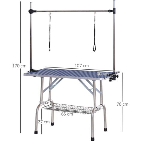Table de toilettage pour chiens et chats PawHut, réglable en hauteur et pliable, avec plateau de coupe, pour chiens et chats jusqu'à 100 kg, bleue. (1/5)