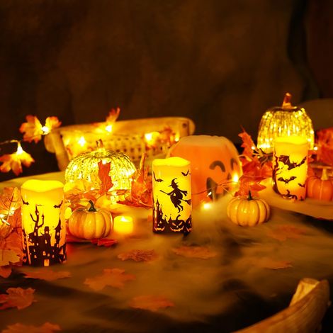 Halloween Flammenlose Kerzen mit Fernbedienung Timer, Orange Batteriebetriebene Wasserdicht Outdoor LED-Kerzen, Gruselige Kerzen für Halloween-Deko, Hexen, Fledermäuse, Burgen, Kürbisse, 3er-Set