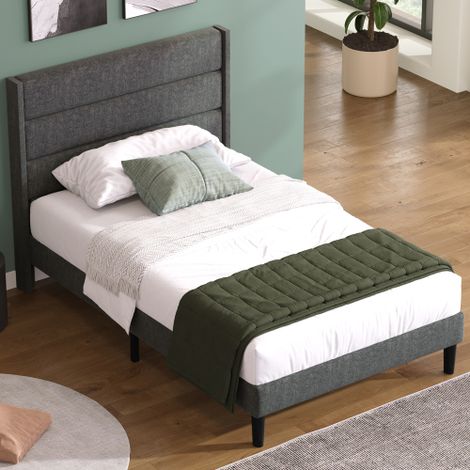 Cama infantil de 90x200 cm, individual con somier, tejido de lino, color gris, sin colchón (1/5)