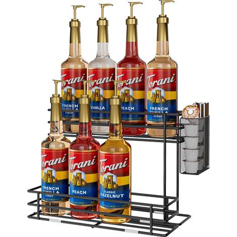- Soporte para jarabes - Botellero - Organizador de 2 niveles - Almacenamiento de café y especias - Metal negro - 34 x 19,8 x 23,9 cm (1/5)