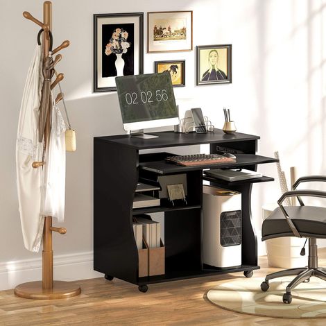 Bureau informatique 80x48x75 cm noir, roulettes, plateau clavier et emplacement pc, polyvalent (1/5)