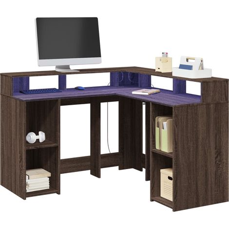 Desk with LED Lights Brown Oak 130x130x91 cm Engineered Wood vidaXL (1/5)