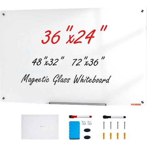 Tableau Blanc Magnétique en Verre Effaçable à Sec 90 x 60 cm, Grand Tableau Mémo Mural sans Cadre, avec Plateau de Marqueurs, un Effaceur et 2 Marqueurs, pour Bureau École Restaurant Domicile (1/5)