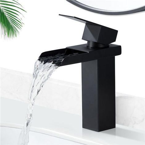 Robinet Cascade Salle De Bains Mitigeur Lavabo Noir Mat, Design Cascade Concave Mitigeur Lavabo à Levier Unique Robinet En Acier Inoxydable (1/5)