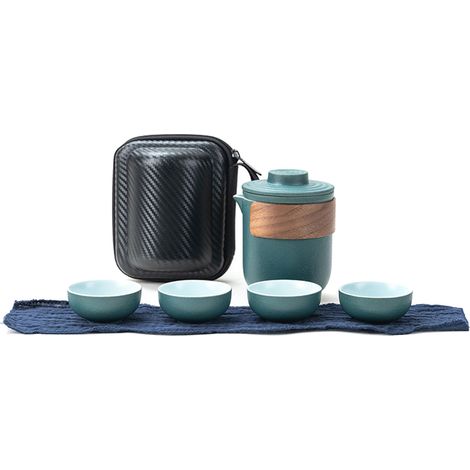 Set de thé portable anti-brûlure avec théière en céramique et 4 tasses, idéal pour voyage et pique-nique, sac de rangement inclus. (1/5)