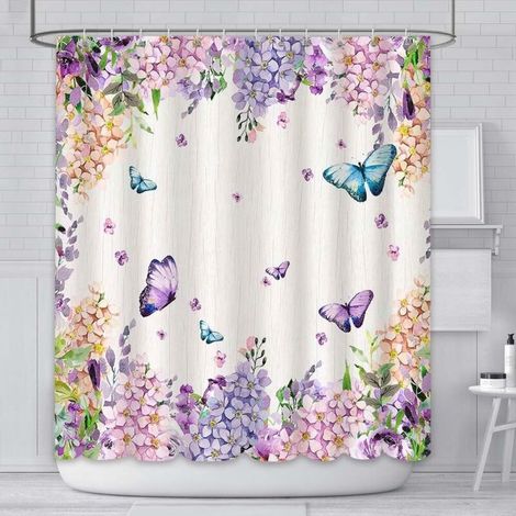 180x180cm Coloré Papillon Rideau De Douche Fleurs Aquarelle Salle De Bain Décor Polyester Imperméable Durable Tissu avec Crochets