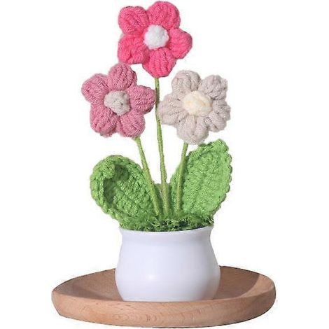 Petit pot de fleurs en laine tricoté à la main, orné de trois fleurs, cadeau décoratif pour bureau