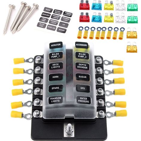 Boîte à fusibles 12 voies (bornes à vis) avec LED d'avertissement +10pcs Blocs de fusibles (10A2,15A2,20A2 25A2,30A2) +10 Bornes jaunes + Autocollants (1/5)