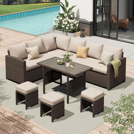 YODOLLA 7-teiliges Rattan-Gartenmöbel Set für 9-10 Personen, modulare Terrassenmöbel aus rostfreiem Stahl mit Esstisch & Hockern, Beige & Braun
