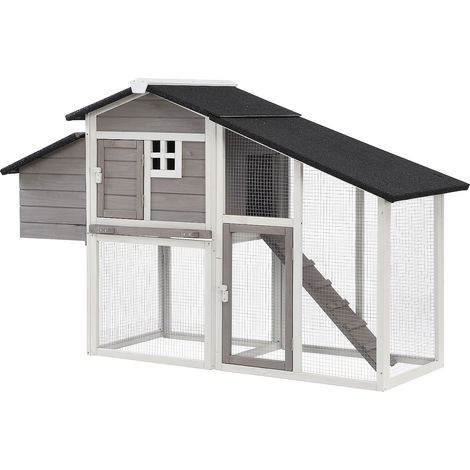 Pollaio in Legno con recinto 4 galline L. 173 x P. 64 x H. 108 cm Bianco e Grigio - LEVAS