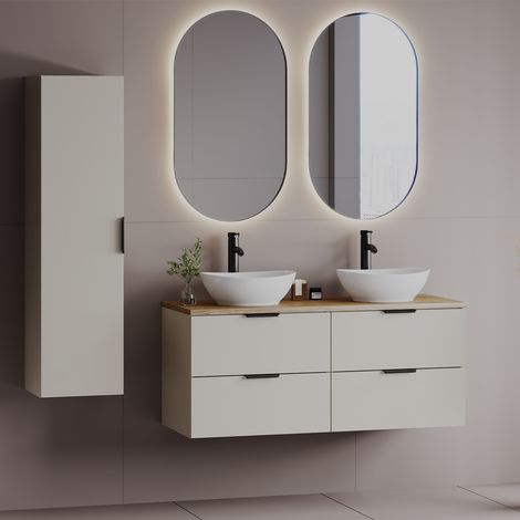 Conjunto mueble lavabo doble 120cm y columna Astrid Cachemira y madera