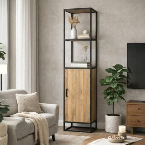 Colonne salon en bois clair 1 porte 2 plateaux RIVANO (1/4)