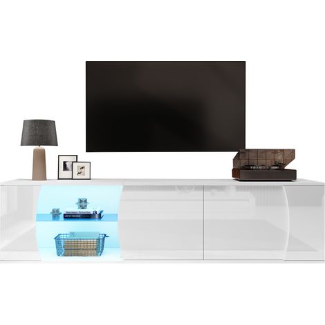Meuble TV 180 x 40 x 45 cm avec 3 portes, portes en verre trempé, meuble TV haut de gamme avec éclairage LED, adapté aux téléviseurs jusqu’à 80 pouces