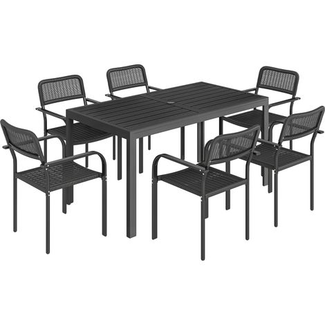 Set da Pranzo da Esterno Tavolo con Foro Ombrellone 150x80x74 cm e 6 Sedie 55x60x83 in Acciaio e PP cm Nero (1/5)