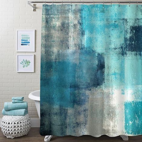 Rideaux de douche bleu sarcelle pour décoration de salle de bain abstraite moderne, rideau de douche en tissu vert turquoise, style grunge campagnard vintage et motif graffiti au pinceau, 72 x 72 (1/5)