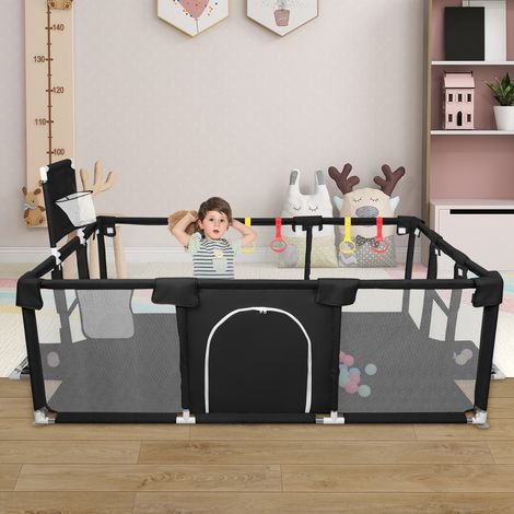 Laufstall mit Kinderschutzgitter mit atmungsaktivem Netz, großer Spielfläche, Mini-Basketballkorb und 50 Bällen – Schwarz, 180 x 120 x 66 cm (1/5)