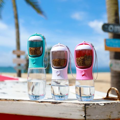 Gourde pour chien portable avec distributeur et récipient à croquettes, biberon pour chat et chiot, randonnée et voyage (1/4)