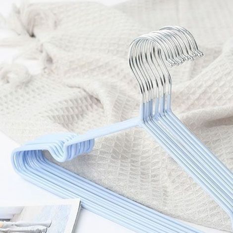Lot de 10 cintres à bretelles larges, antidérapants, pour adultes, en plastique épais rainuré, pour vêtements secs et humides, bleus. (1/5)