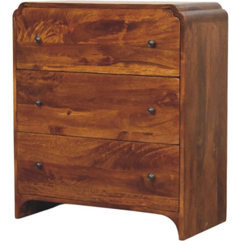 Commode en bois massif de châtaignier, 3 tiroirs, style rustique scandinave, marron foncé, pour salon ou chambre (1/4)