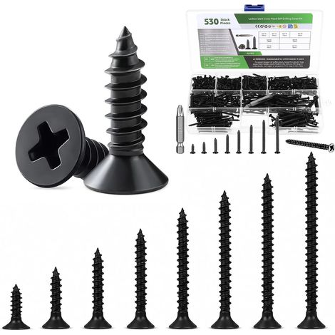 Lot de 530 vis M3 à bois autotaraudeuses - Assortiment de vis à panneaux d'aggloméré - Vis à tête fraisée cruciforme - Vis à tête plate - Noir (1/5)