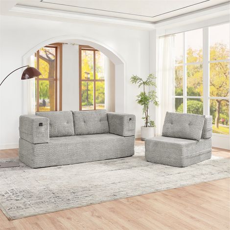 Canapé Modulable 3 Places - 199x194x39cm - Canapé Convertible Cloud en Mousse avec Poches de Rangement - Gris Clair (1/5)