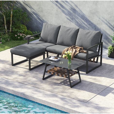 Gartenmöbel-Set aus verzinktem Stahl 3-Sitzer grau mit Sicherheitsglas-Tisch und Hocker (1/5)